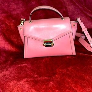 Dusty Rose Pink Michael Kors Avril bag with a cross body strap 12”x7”x4”